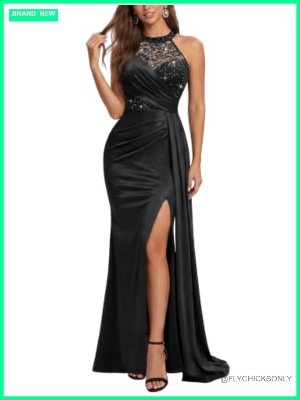 Sexy Halter Sequin Lace Satin Evening Party Maxi Dress Formal Gown
